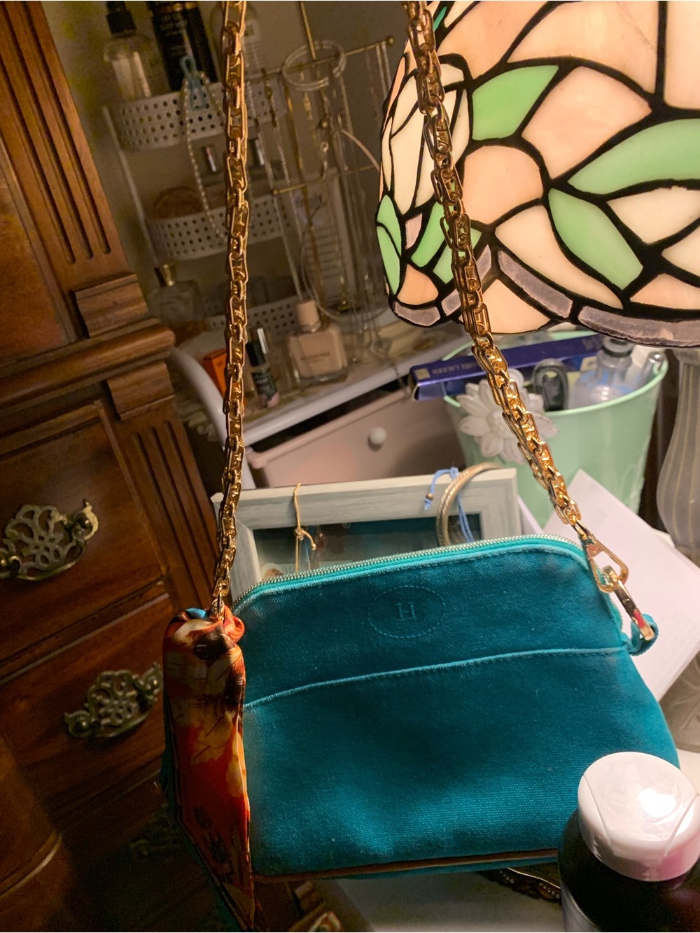 Hermes Teal Canvas Pouch with Leather Trim/ unbranded chain & Hermes Twille 🌺
